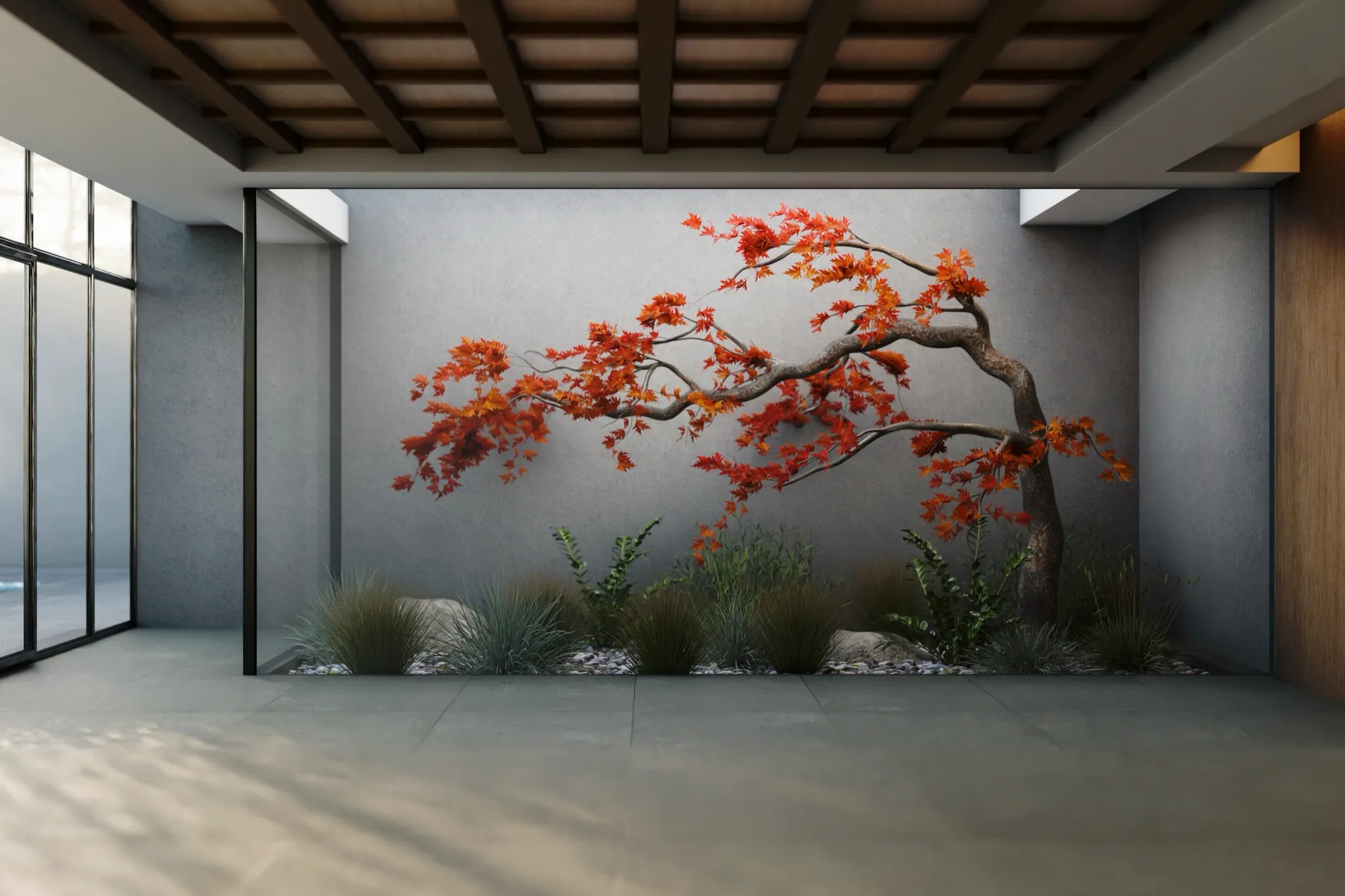 紅葉のモミジを植えた中庭のコートヤードデザイン